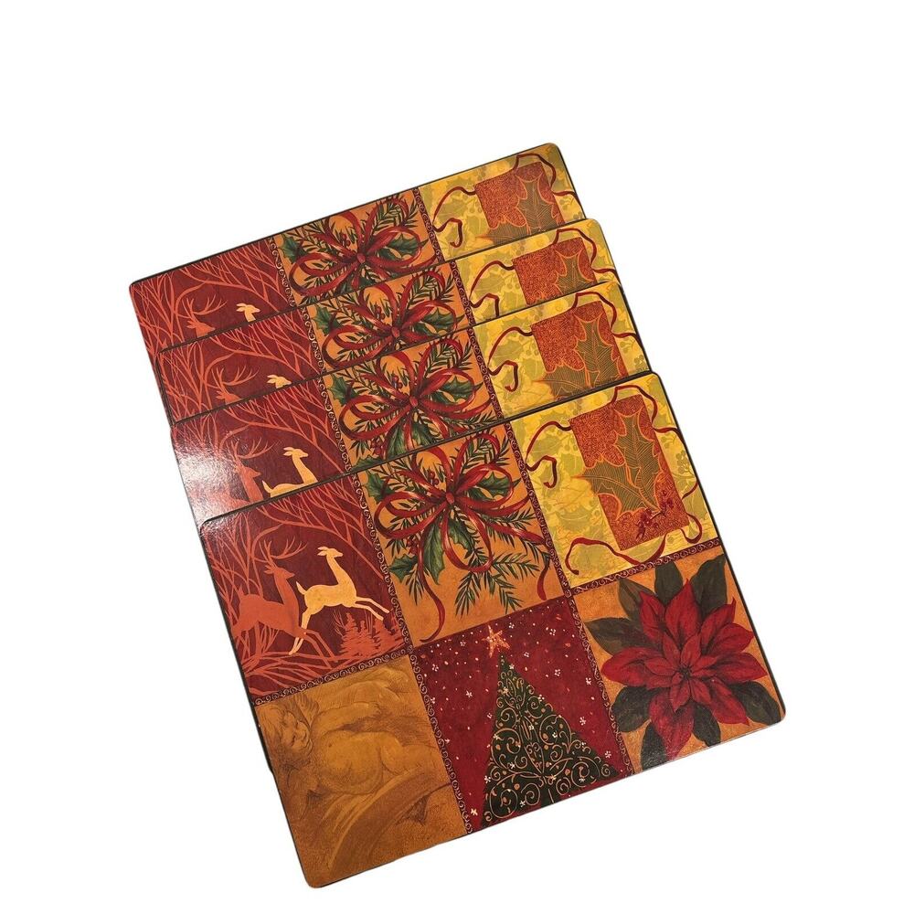 Vintage Cork Back Christmas Holiday Placemats Red Green And Gold•Set of 4